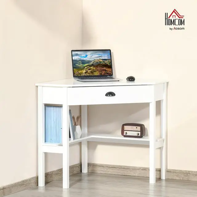 Alt view image 2 of 7 - Corner Desk with Drawer and Storage Shelves for Small Spaces, White