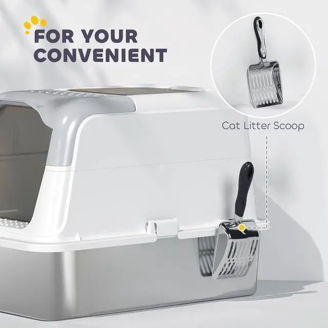 Alt view image 6 of 7 - PawHut Stainless Steel Litter Box, Extra Large Enclosed Cat Litter Box | Front-Entry and Top-Exit, Scoop, Deodorizer Bag, Sand Drop Pedal, Anti-Urine Leakage, Non-Sticky and Easy to Clean