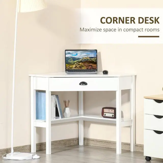 Alt view image 5 of 7 - Corner Desk with Drawer and Storage Shelves for Small Spaces, White