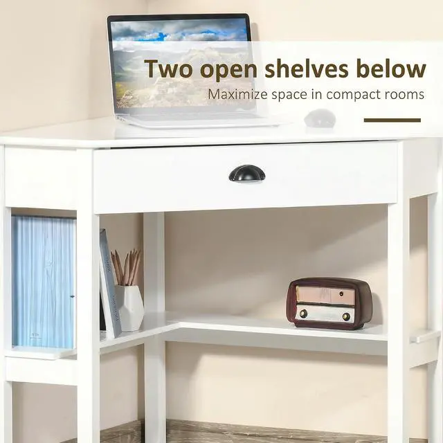 Alt view image 7 of 7 - Corner Desk with Drawer and Storage Shelves for Small Spaces, White