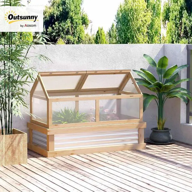 Alt view image 2 of 7 - Raised Garden Bed, Polycarbonate Mini Greenhouse, Natural | 48" x 24" x 32", Wooden, Cold Frame Greenhouse, Flower Planter Protection