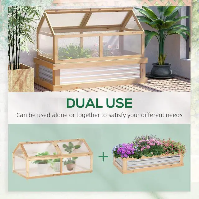 Alt view image 3 of 7 - Raised Garden Bed, Polycarbonate Mini Greenhouse, Natural | 48" x 24" x 32", Wooden, Cold Frame Greenhouse, Flower Planter Protection