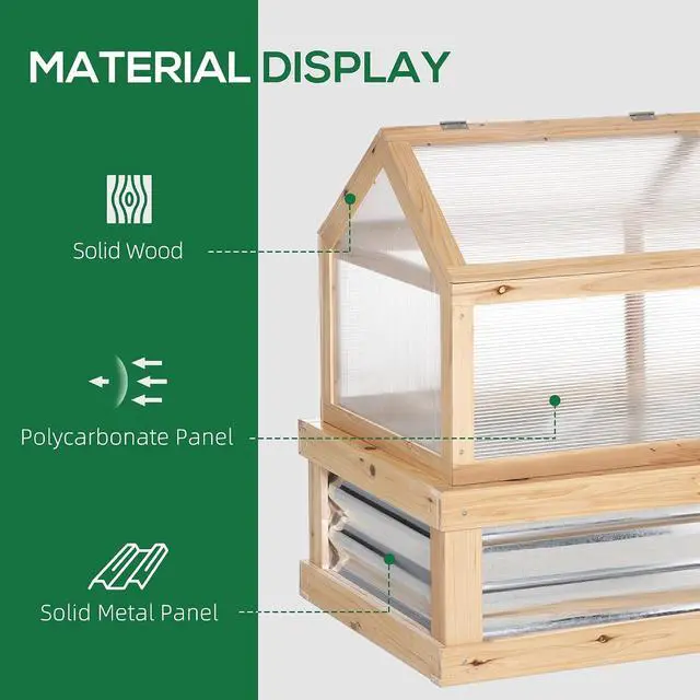 Alt view image 5 of 7 - Raised Garden Bed, Polycarbonate Mini Greenhouse, Natural | 48" x 24" x 32", Wooden, Cold Frame Greenhouse, Flower Planter Protection