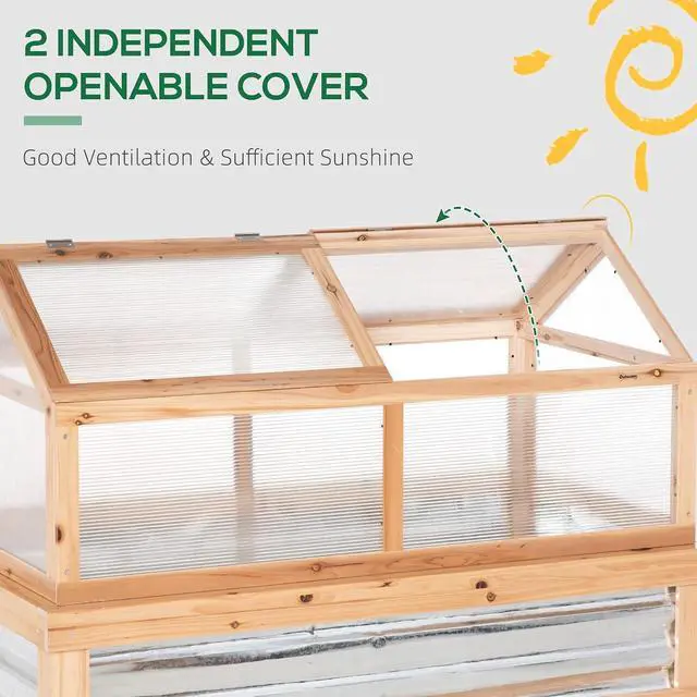 Alt view image 6 of 7 - Raised Garden Bed, Polycarbonate Mini Greenhouse, Natural | 48" x 24" x 32", Wooden, Cold Frame Greenhouse, Flower Planter Protection