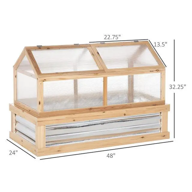 Alt view image 7 of 7 - Raised Garden Bed, Polycarbonate Mini Greenhouse, Natural | 48" x 24" x 32", Wooden, Cold Frame Greenhouse, Flower Planter Protection