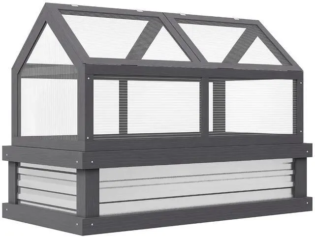 Main image of Raised Garden Bed, Polycarbonate Mini Greenhouse, Gray | 48" x 24" x 32", Wooden, Cold Frame Greenhouse, Flower Planter Protection