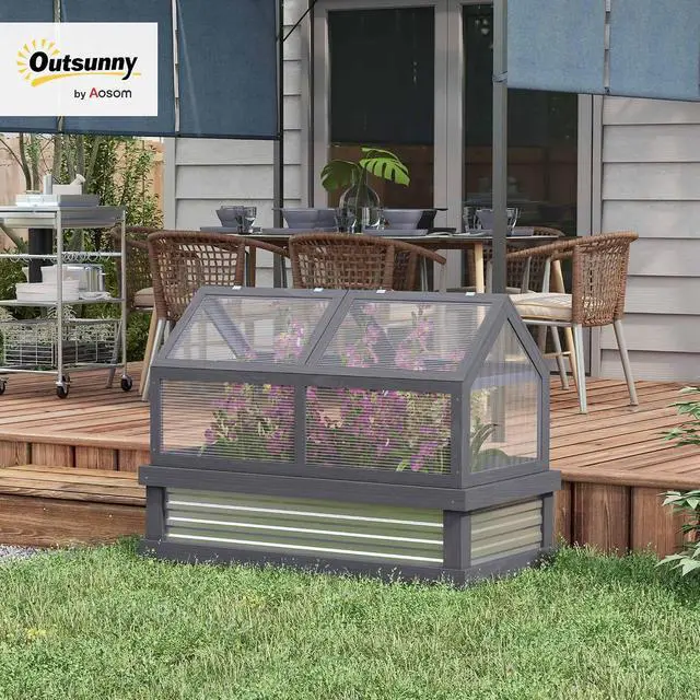 Alt view image 2 of 7 - Raised Garden Bed, Polycarbonate Mini Greenhouse, Gray | 48" x 24" x 32", Wooden, Cold Frame Greenhouse, Flower Planter Protection