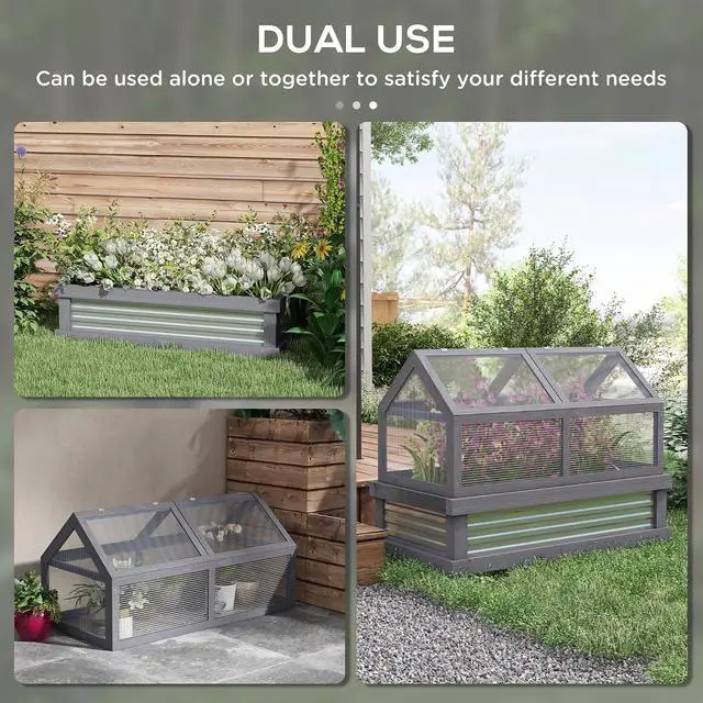 Alt view image 3 of 7 - Raised Garden Bed, Polycarbonate Mini Greenhouse, Gray | 48" x 24" x 32", Wooden, Cold Frame Greenhouse, Flower Planter Protection