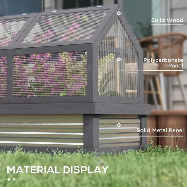 Alt view image 5 of 7 - Raised Garden Bed, Polycarbonate Mini Greenhouse, Gray | 48" x 24" x 32", Wooden, Cold Frame Greenhouse, Flower Planter Protection