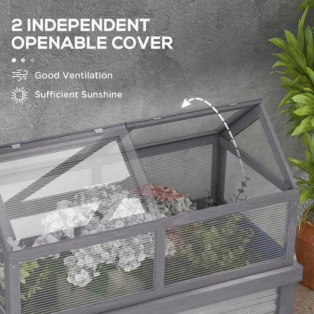 Alt view image 6 of 7 - Raised Garden Bed, Polycarbonate Mini Greenhouse, Gray | 48" x 24" x 32", Wooden, Cold Frame Greenhouse, Flower Planter Protection