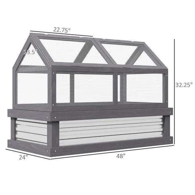 Alt view image 7 of 7 - Raised Garden Bed, Polycarbonate Mini Greenhouse, Gray | 48" x 24" x 32", Wooden, Cold Frame Greenhouse, Flower Planter Protection