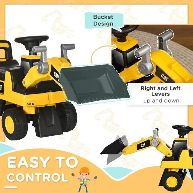 Alt view image 4 of 7 - Ride on Excavator for Kids CAT Licensed Manual Shovel Ages 1.5-3 | Digger Construction Vehicle, Horn, Hidden Storage, Foot to Floor, No Power, Kids Ride on Car