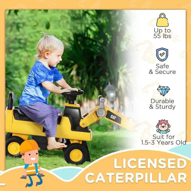 Alt view image 3 of 7 - Ride on Excavator for Kids CAT Licensed Manual Shovel Ages 1.5-3 | Digger Construction Vehicle, Horn, Hidden Storage, Foot to Floor, No Power, Kids Ride on Car