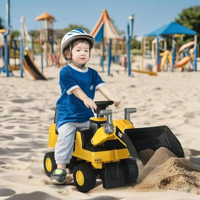 Alt view image 2 of 7 - Ride on Excavator for Kids CAT Licensed Manual Shovel Ages 1.5-3 | Digger Construction Vehicle, Horn, Hidden Storage, Foot to Floor, No Power, Kids Ride on Car