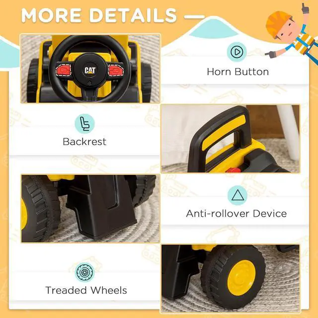 Alt view image 6 of 7 - Ride on Excavator for Kids CAT Licensed Manual Shovel Ages 1.5-3 | Digger Construction Vehicle, Horn, Hidden Storage, Foot to Floor, No Power, Kids Ride on Car