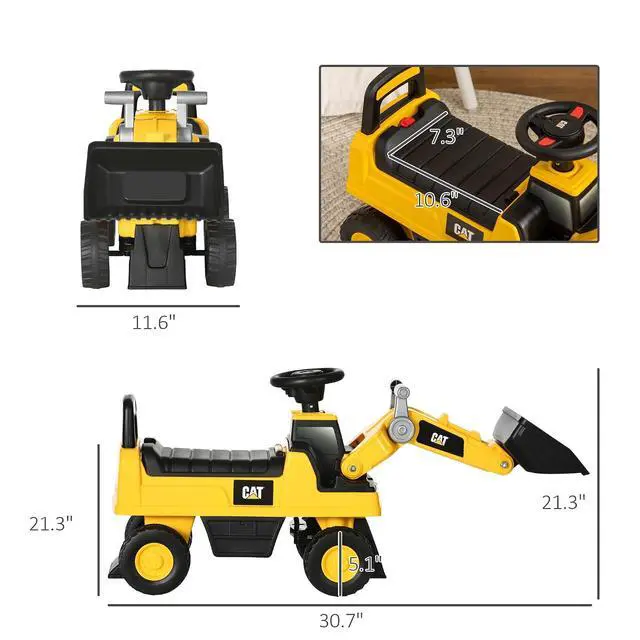 Alt view image 7 of 7 - Ride on Excavator for Kids CAT Licensed Manual Shovel Ages 1.5-3 | Digger Construction Vehicle, Horn, Hidden Storage, Foot to Floor, No Power, Kids Ride on Car