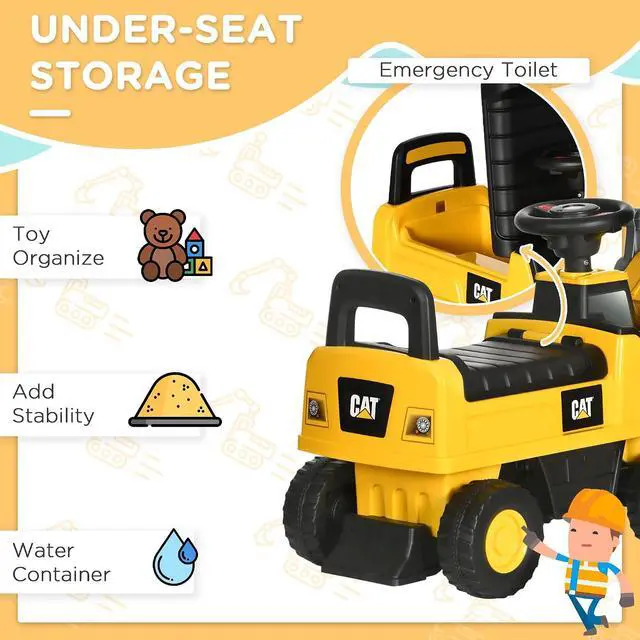 Alt view image 5 of 7 - Ride on Excavator for Kids CAT Licensed Manual Shovel Ages 1.5-3 | Digger Construction Vehicle, Horn, Hidden Storage, Foot to Floor, No Power, Kids Ride on Car