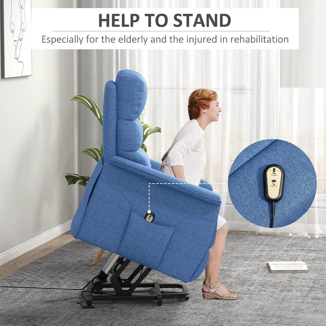 Alt view image 4 of 7 - Power Lift Recliner Chair for Elderly, Easy Assembly, Fabric Lift Chair for Adults, Recliner Sofa with Remote Control, Side Pockets for Living Room, Blue