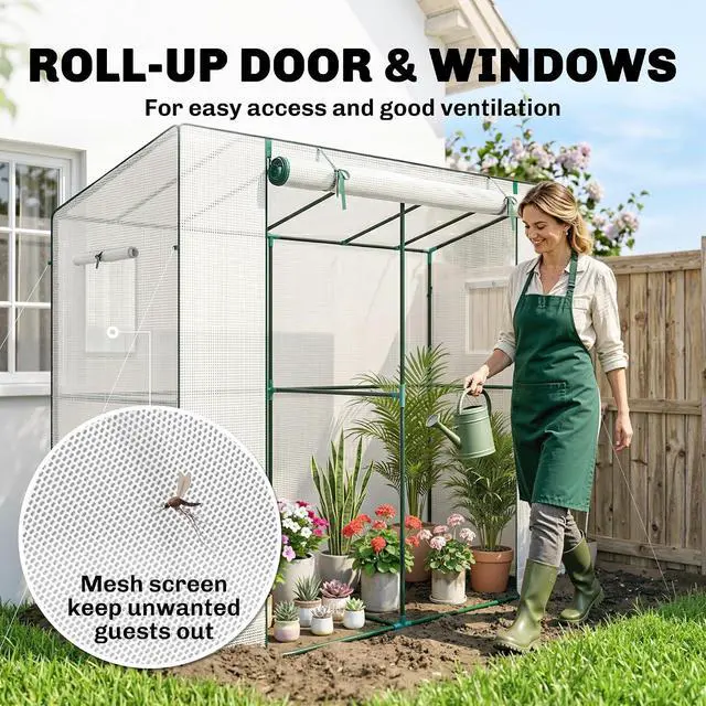 Alt view image 5 of 7 - 6.6' x 2.5' x 5.6' Lean-to Small Greenhouse for Outdoors White
