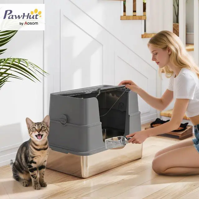 Alt view image 2 of 7 - PawHut XL Stainless Steel Litter Box with Lid for Big Cats, Dark Gray