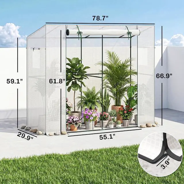 Alt view image 7 of 7 - 6.6' x 2.5' x 5.6' Lean-to Small Greenhouse for Outdoors White