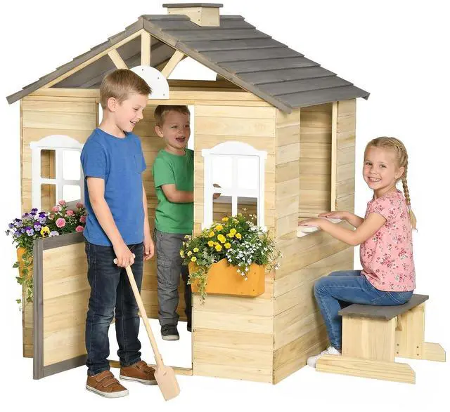 Main image of Outdoor Playhouse Working Door Windows Bench for 3-7 Years Natural