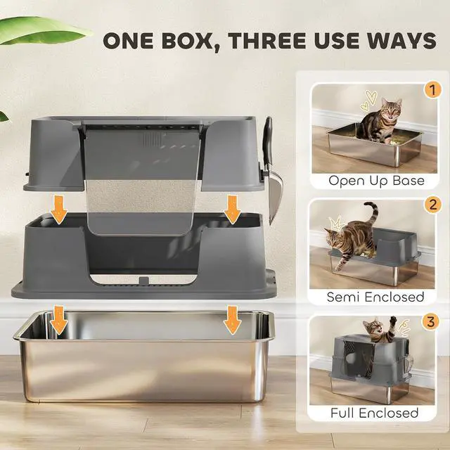 Alt view image 4 of 7 - PawHut XL Stainless Steel Litter Box with Lid for Big Cats, Dark Gray