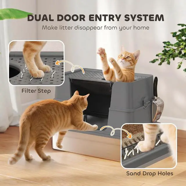 Alt view image 6 of 7 - PawHut XL Stainless Steel Litter Box with Lid for Big Cats, Dark Gray