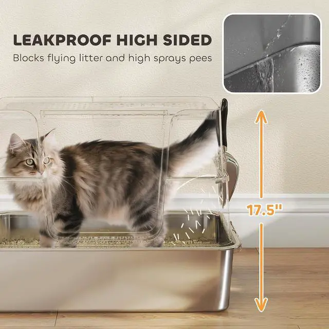 Alt view image 7 of 7 - PawHut XL Stainless Steel Litter Box with Lid for Big Cats, Dark Gray