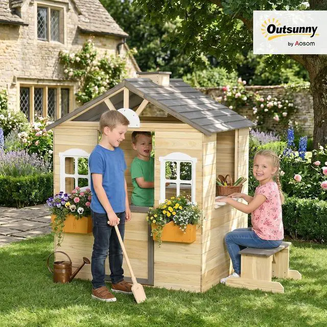 Alt view image 2 of 7 - Outdoor Playhouse Working Door Windows Bench for 3-7 Years Natural