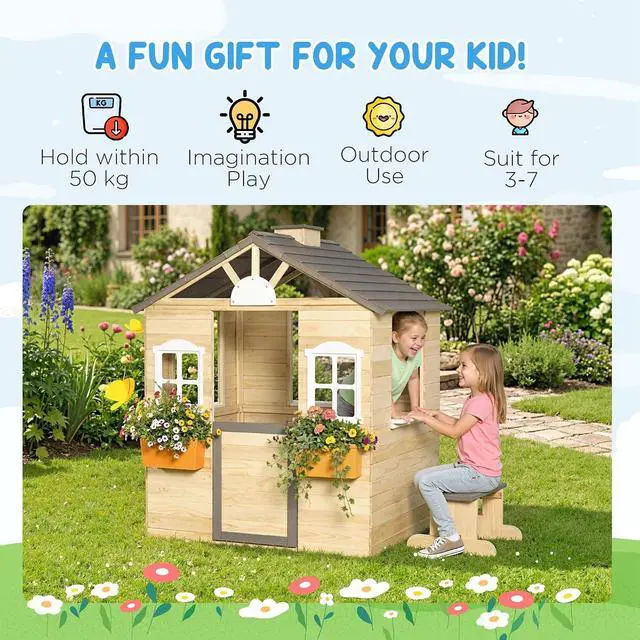 Alt view image 3 of 7 - Outdoor Playhouse Working Door Windows Bench for 3-7 Years Natural