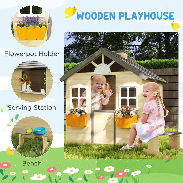 Alt view image 4 of 7 - Outdoor Playhouse Working Door Windows Bench for 3-7 Years Natural