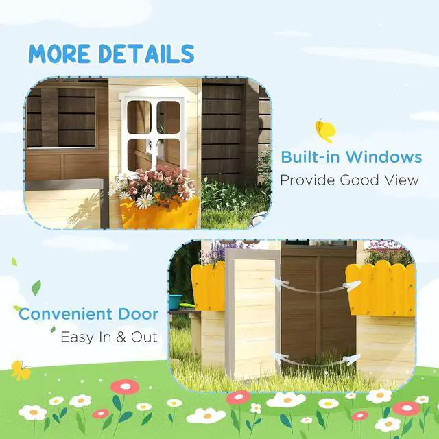 Alt view image 6 of 7 - Outdoor Playhouse Working Door Windows Bench for 3-7 Years Natural