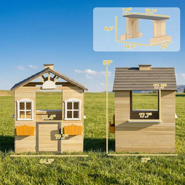 Alt view image 7 of 7 - Outdoor Playhouse Working Door Windows Bench for 3-7 Years Natural