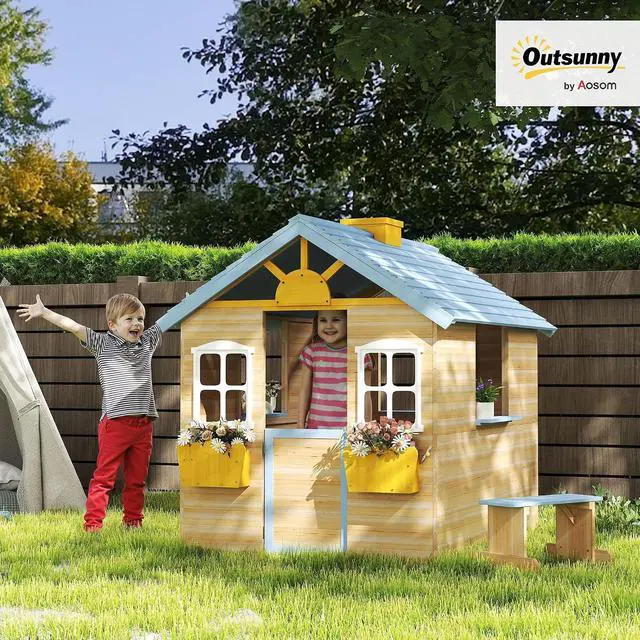 Alt view image 2 of 7 - Outdoor Playhouse Working Door Windows Bench for 3-7 Years Blue
