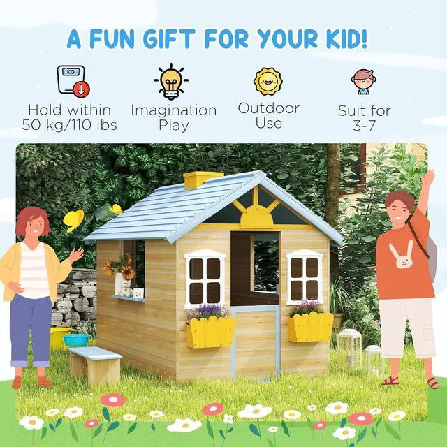 Alt view image 3 of 7 - Outdoor Playhouse Working Door Windows Bench for 3-7 Years Blue