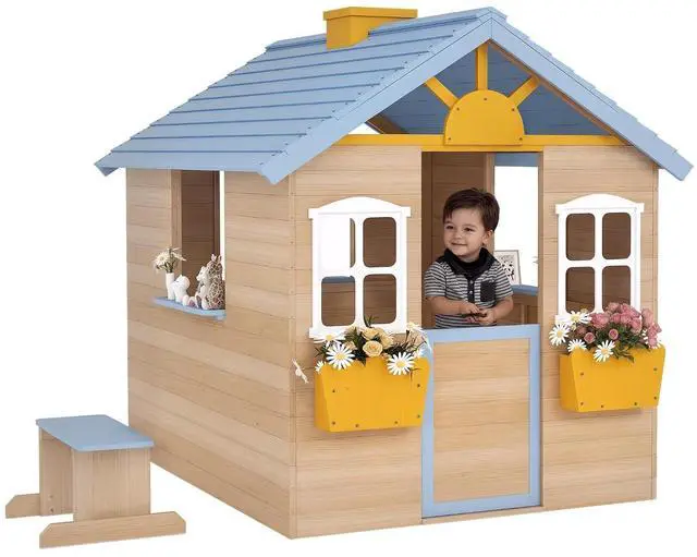 Main image of Outdoor Playhouse Working Door Windows Bench for 3-7 Years Blue
