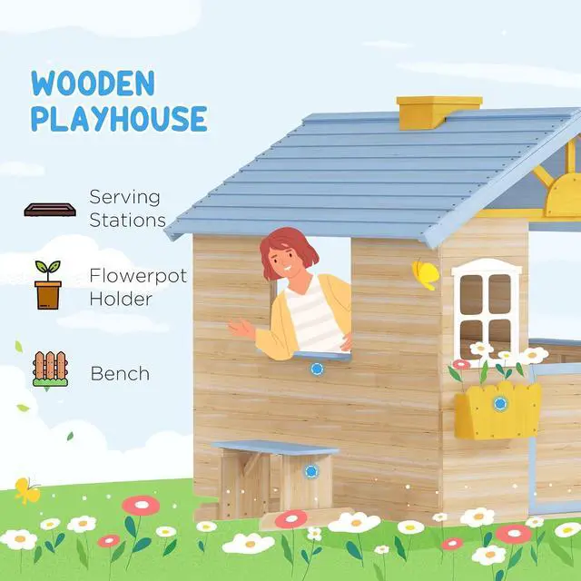 Alt view image 4 of 7 - Outdoor Playhouse Working Door Windows Bench for 3-7 Years Blue