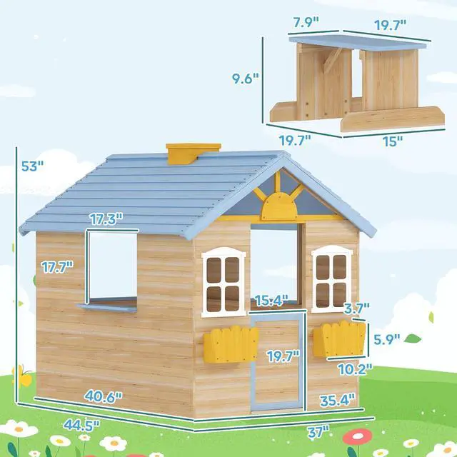 Alt view image 7 of 7 - Outdoor Playhouse Working Door Windows Bench for 3-7 Years Blue