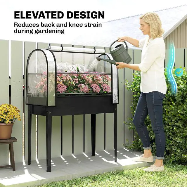 Alt view image 6 of 7 - Raised Garden Bed with Flip-Up Cover 39.4" x 19.3" x 53.5", Black