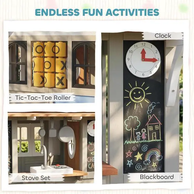 Alt view image 3 of 7 - Qaba Outdoor Playhouse Wooden Kids Playhouse with Dog Door Ages 2+ Gray
