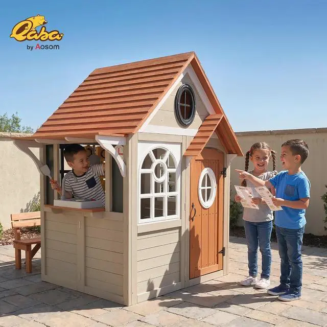 Alt view image 2 of 7 - Qaba Outdoor Playhouse Wooden Kids Playhouse with Dog Door Ages 2+ Gray