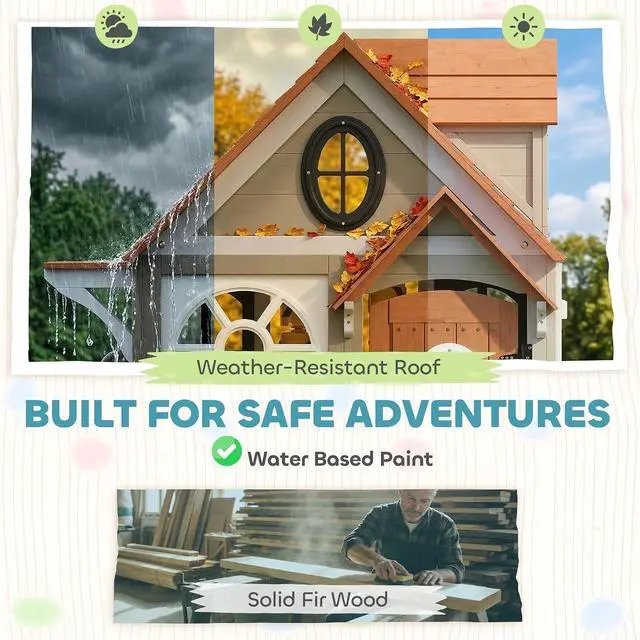 Alt view image 4 of 7 - Qaba Outdoor Playhouse Wooden Kids Playhouse with Dog Door Ages 2+ Gray