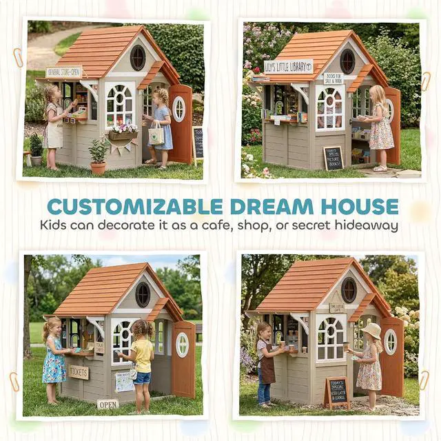 Alt view image 5 of 7 - Qaba Outdoor Playhouse Wooden Kids Playhouse with Dog Door Ages 2+ Gray