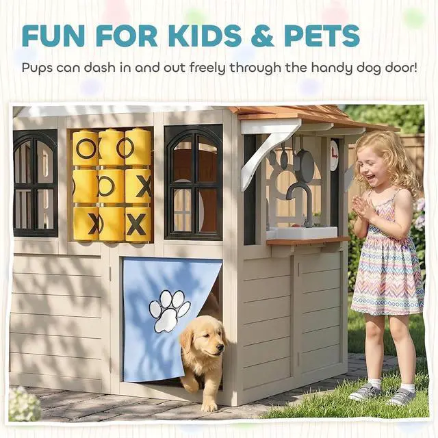Alt view image 6 of 7 - Qaba Outdoor Playhouse Wooden Kids Playhouse with Dog Door Ages 2+ Gray