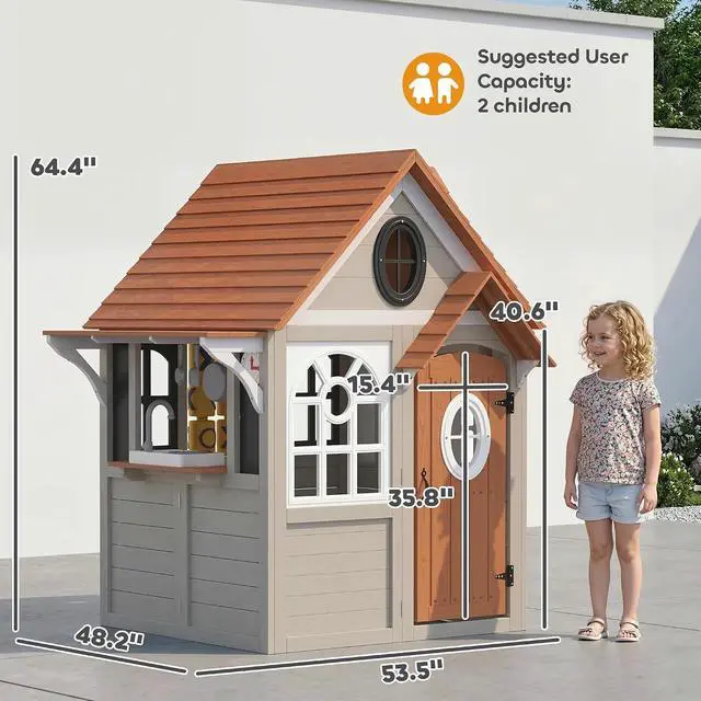 Alt view image 7 of 7 - Qaba Outdoor Playhouse Wooden Kids Playhouse with Dog Door Ages 2+ Gray