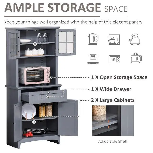 Alt view image 4 of 7 - Elegant Buffet with Hutch, Kitchen Pantry Storage Cabinet Gray