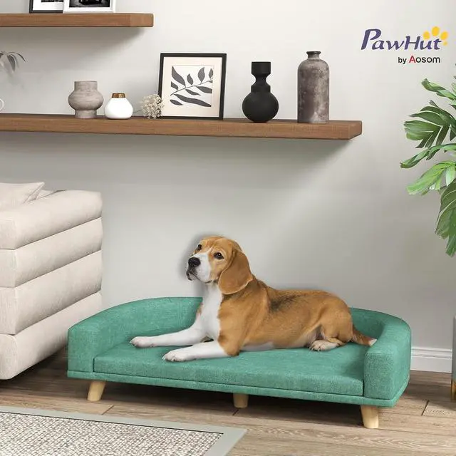 Alt view image 2 of 7 - PawHut Dog Sofa Couch, Pet Bed with Comfortable Luxury Cushion, Washable Cover, Wooden Legs, Anti-Slip Mat for Large Dogs, Cats, Kittens, Green
