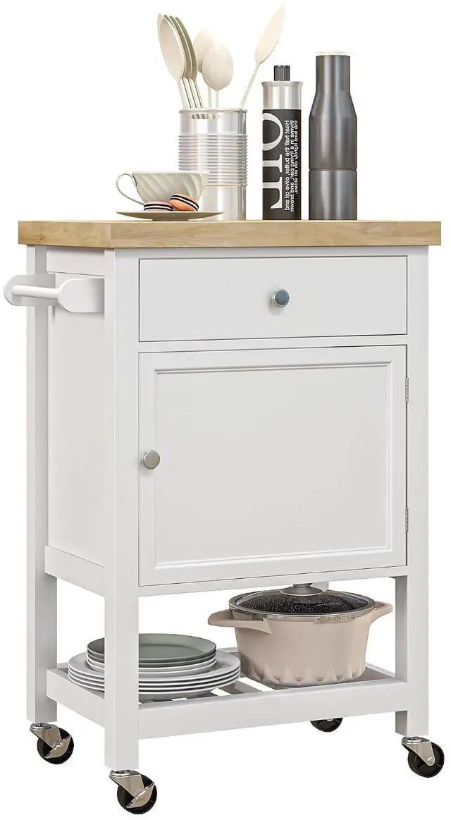 Main image of Utility Kitchen Cart Rolling Smooth Rubberwood Top on Wheels White
