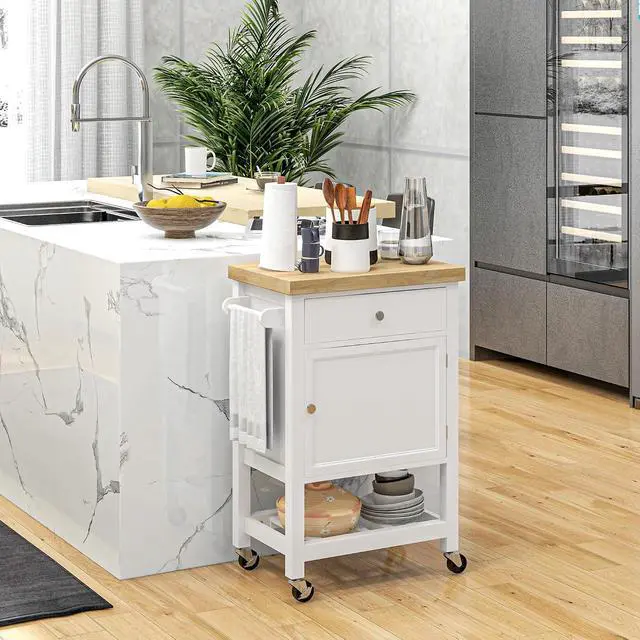 Alt view image 2 of 7 - Utility Kitchen Cart Rolling Smooth Rubberwood Top on Wheels White
